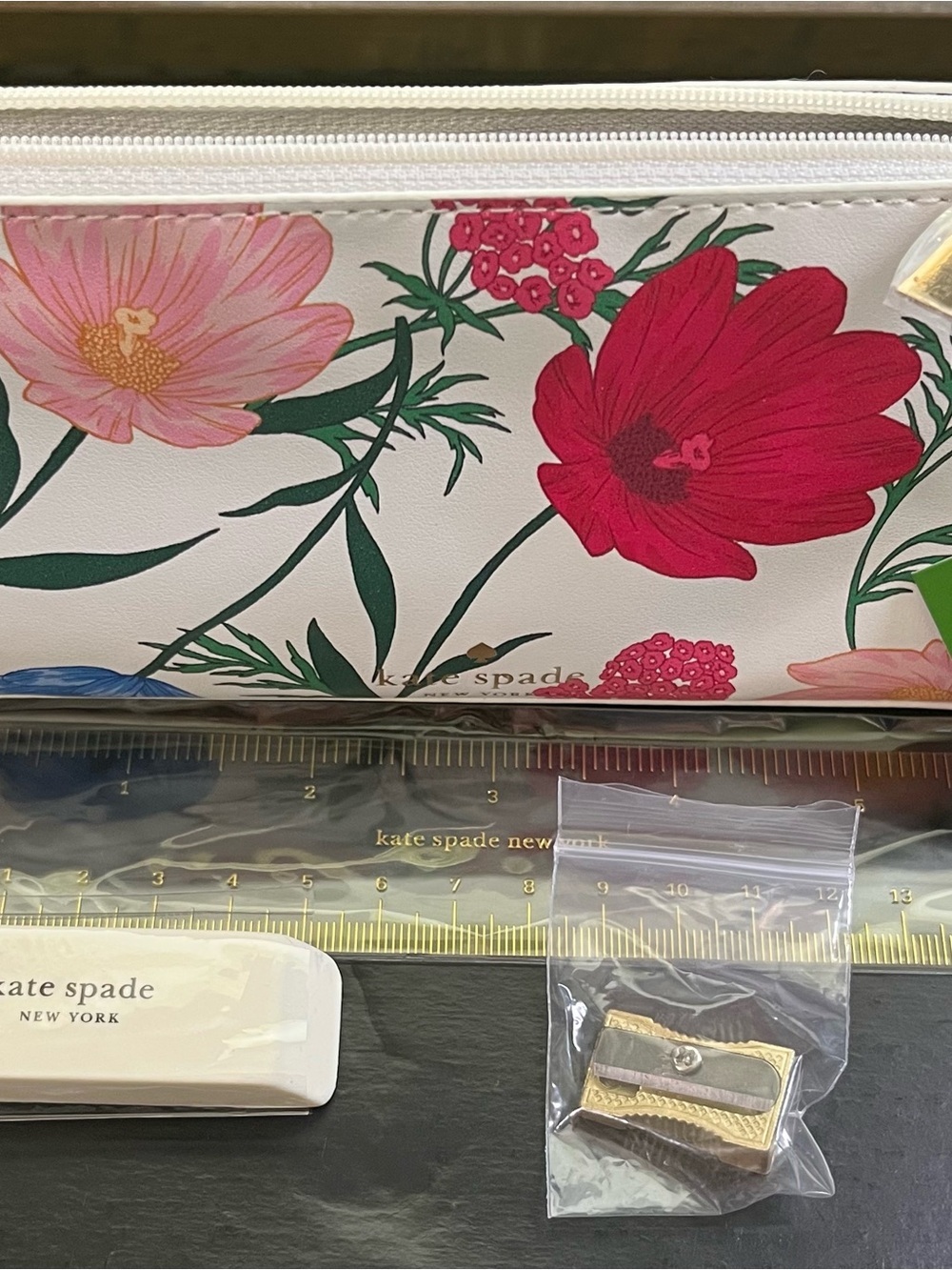 kate spade White Floral Zip Pencil Pouch Includes Eraser, Ruler and Sharpener. - Picture 5 of 9